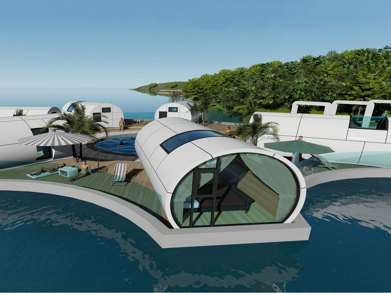 space capsule hotel with Pacific Island designs
